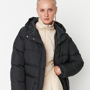 کاپشن پفی ضد آب و کمربنددار مشکی Trendyolmilla